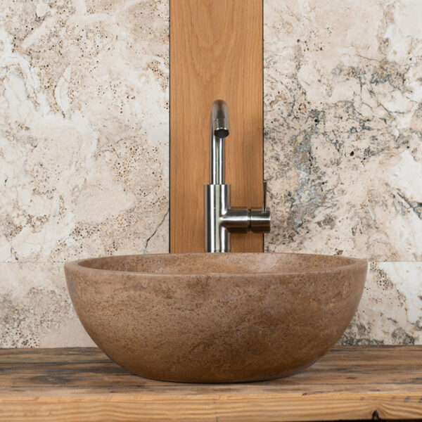 Round travertine sink “Ball Scuro”