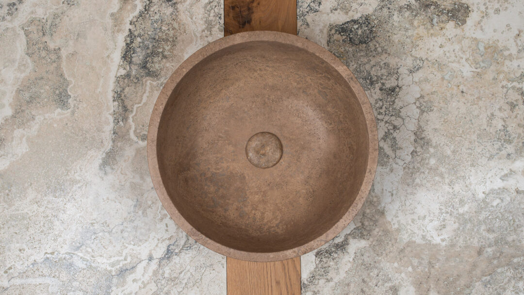 Round travertine sink Ball Scuro top view