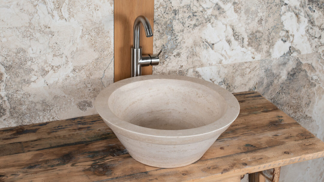 Gaiole light travertine sink side view