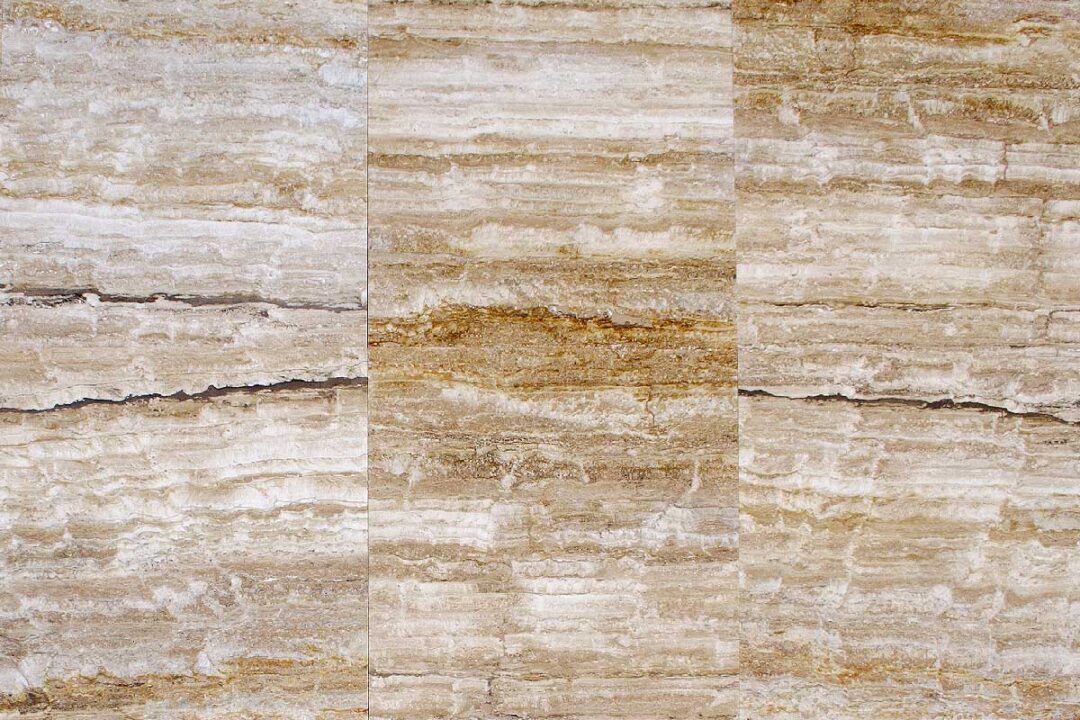 Zebra Gold (PDR044): Auswahl an Travertin-Querschnitten mit hellen Adern