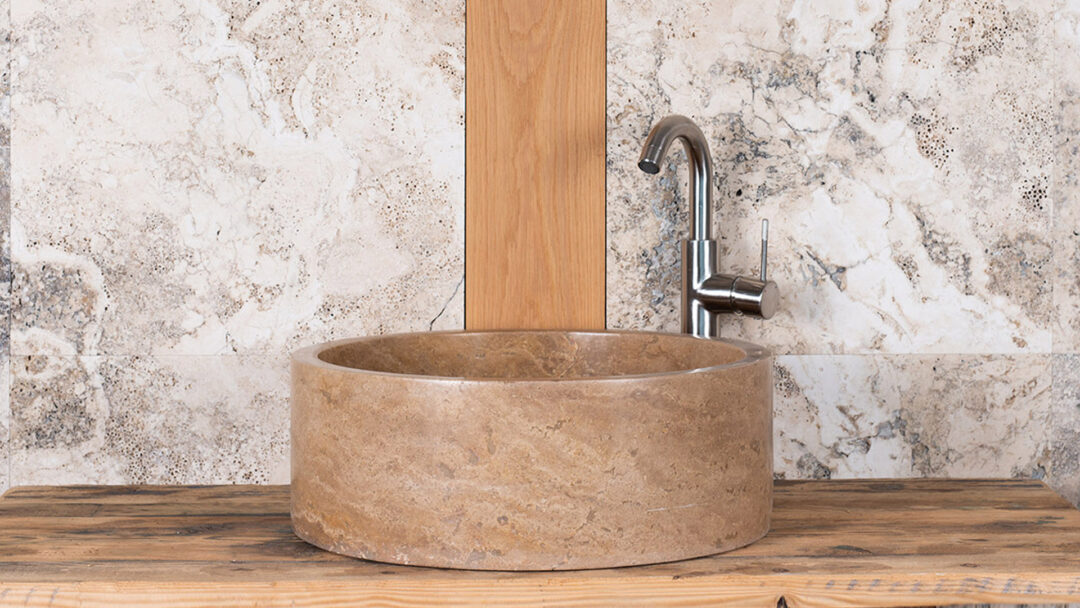 Cylindrical sink in dark walnut travertine Tonda Scura