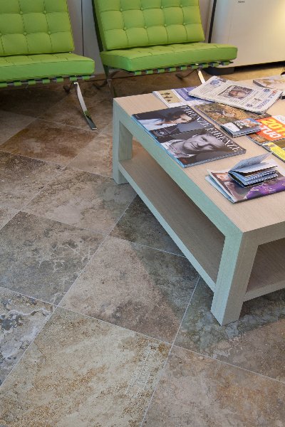 Living room with natural Light Earth travertine floor (PDR013)