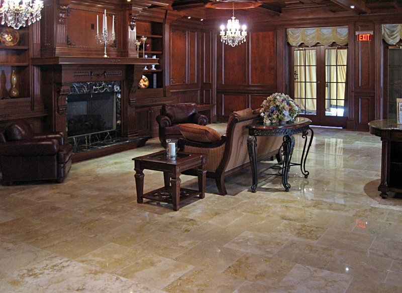 Living room with travertine flooring
