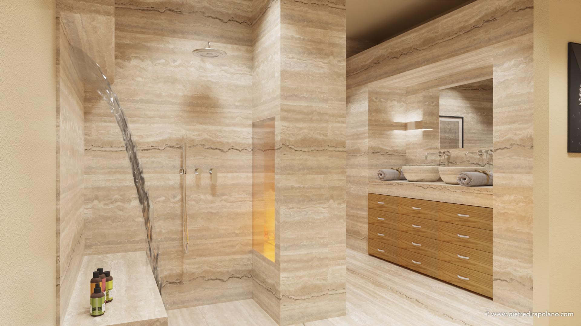 Bathroom fireplace pdr light earth Zebra travertine