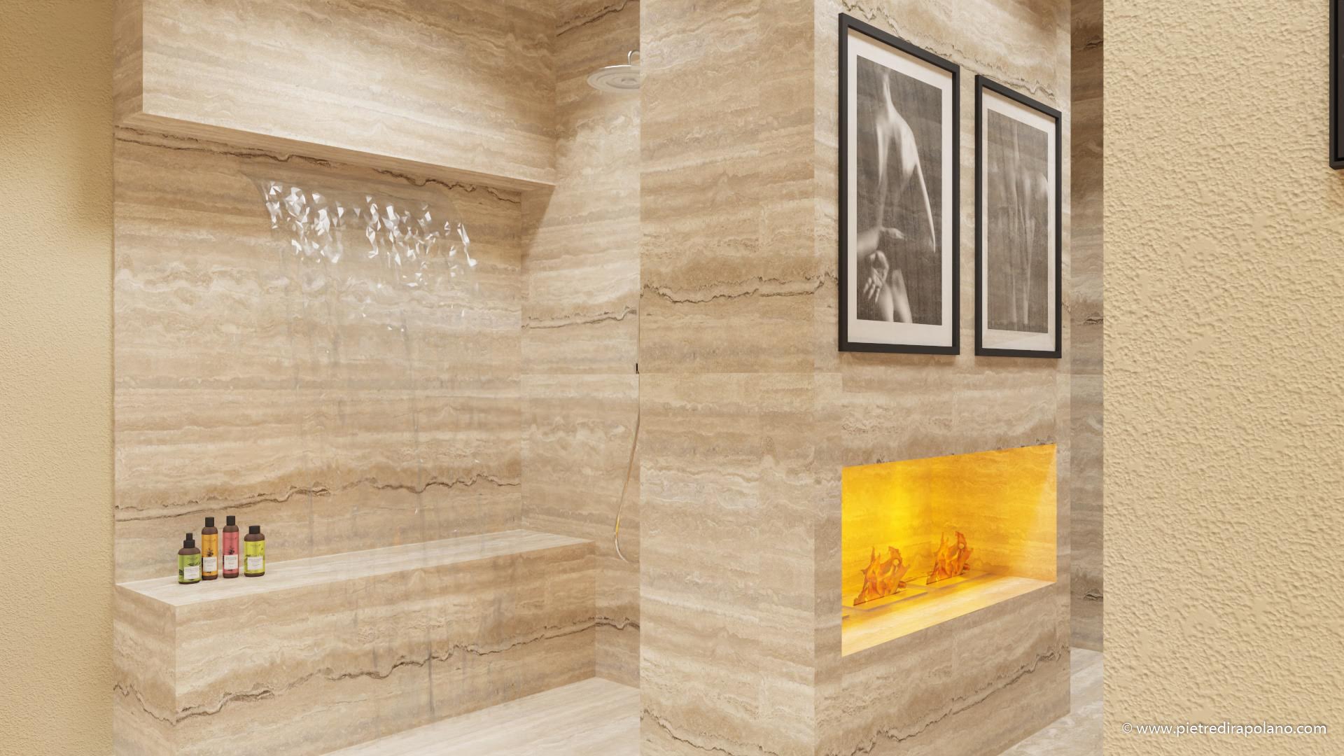 Bathroom fireplace pdr light earth Zebra travertine