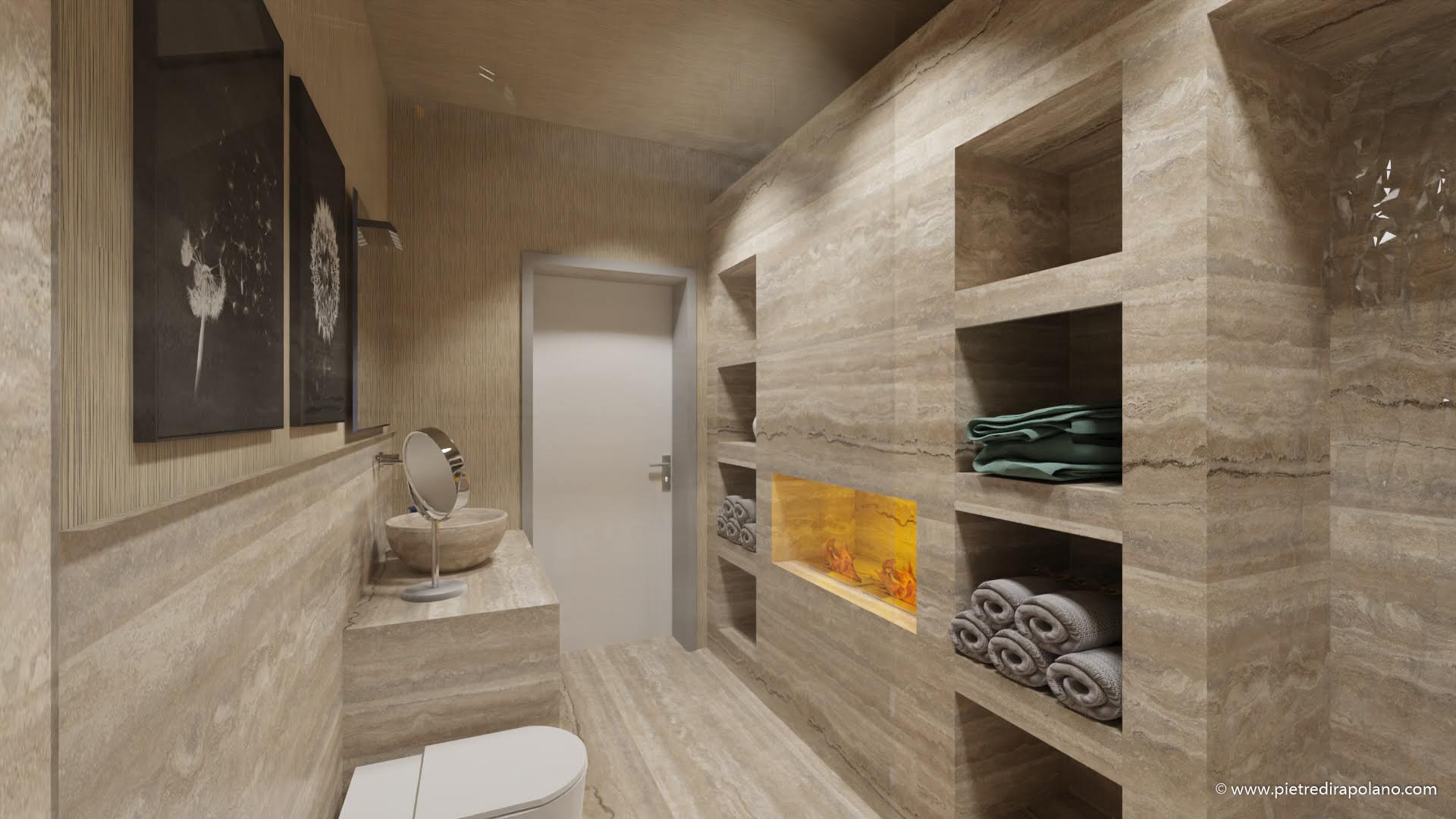 Bathroom fireplace pdr light earth Zebra travertine