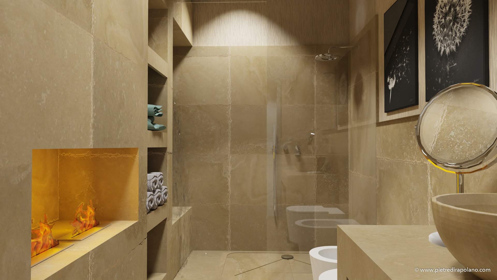 Bathroom fireplace pdr light blend travertine pebble