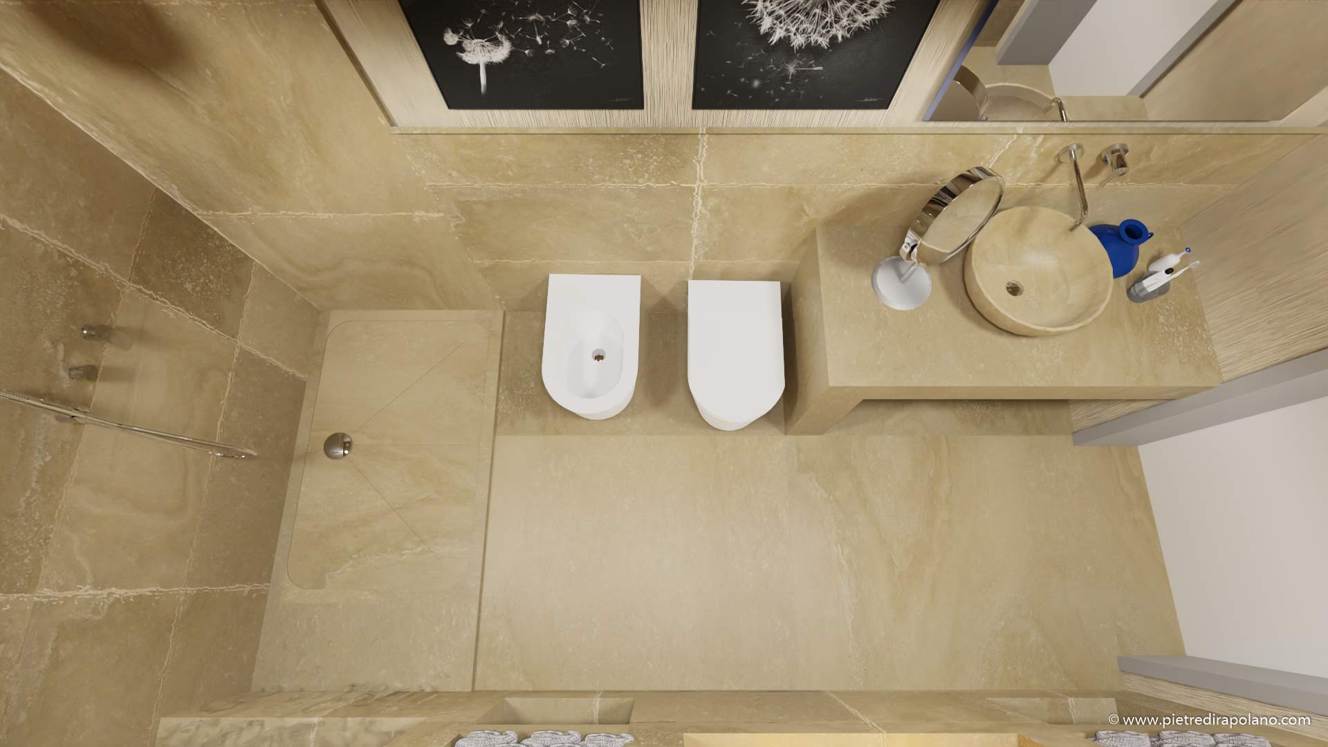 Bathroom fireplace pdr light blend travertine pebble