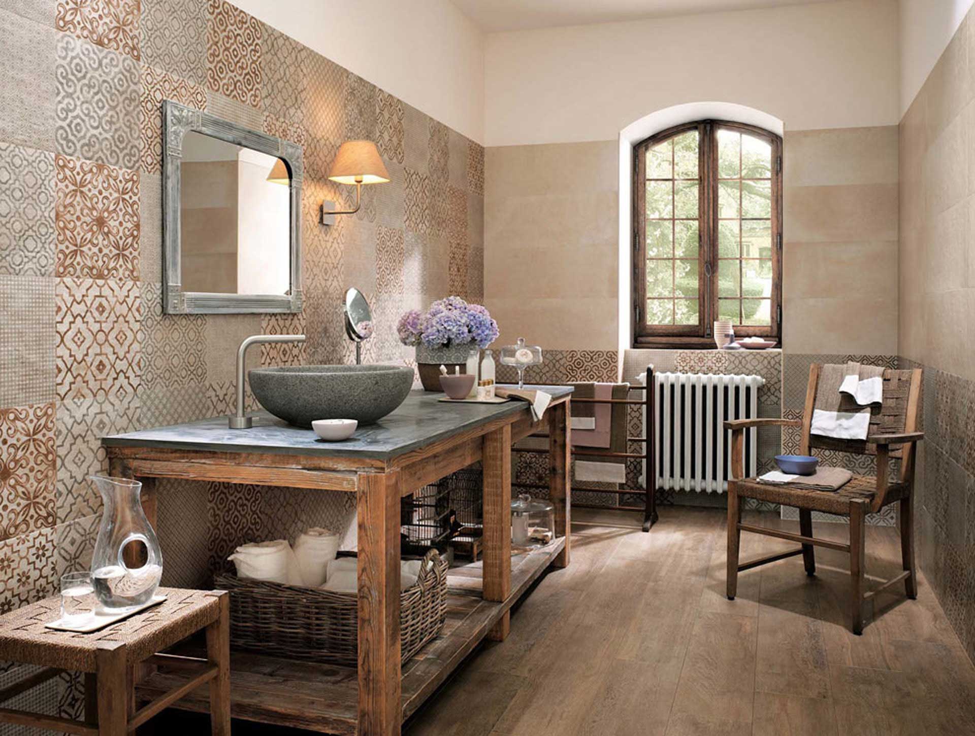 rustic bathroom with stone sink in romantic shabby chic style