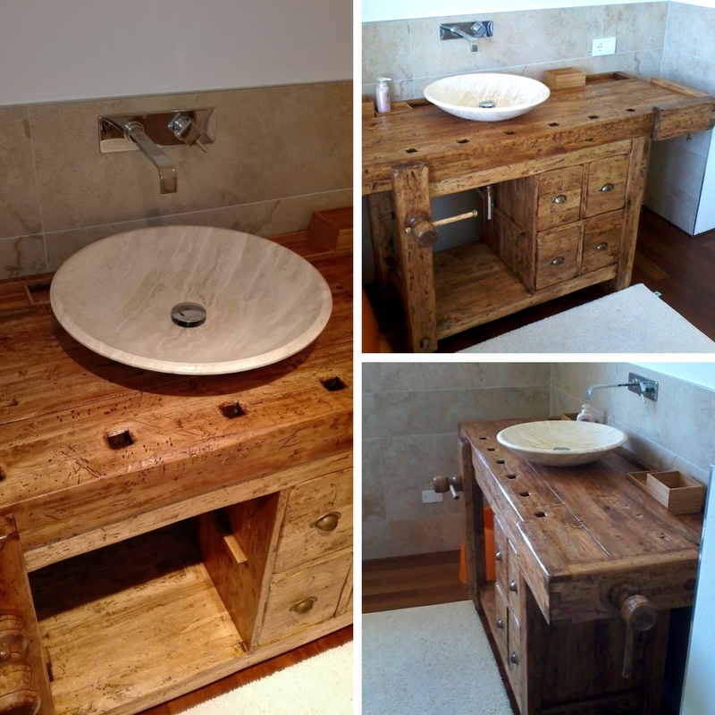 shabby chic bathroom with reclaimed carpenter's table